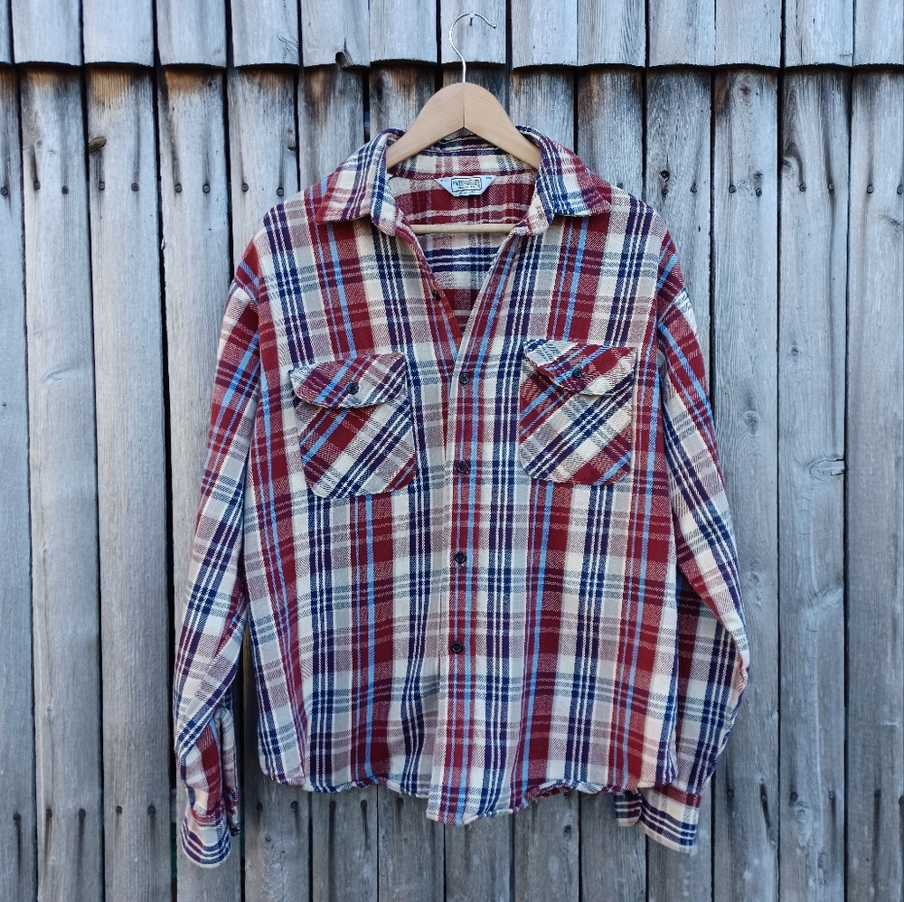 Vintage 70s Five Brother plaid heavy cotton button down workwear shirt mens XL